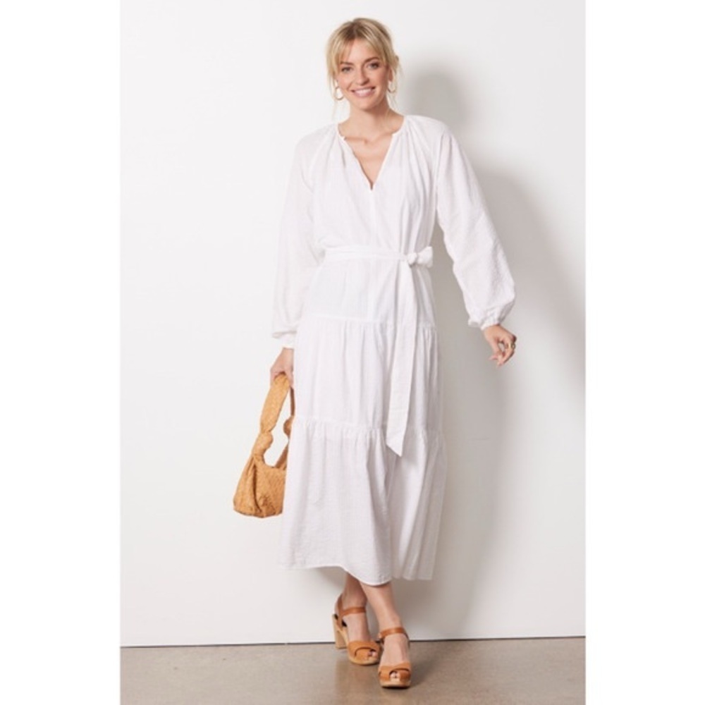 Roan and Ryan Dress Maxi Long Sleeve Tie Waist White Cotton Stripe XS NWT